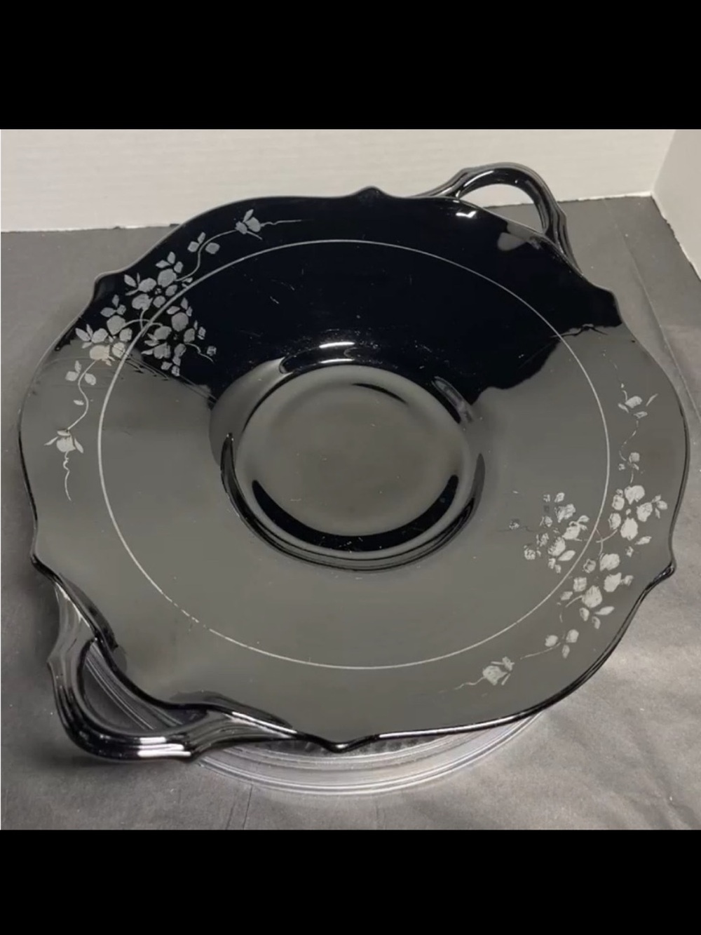 L.E. Smith Black Amethyst Glass Cake Plate Silver Overlay Art Deco 1930s Handles